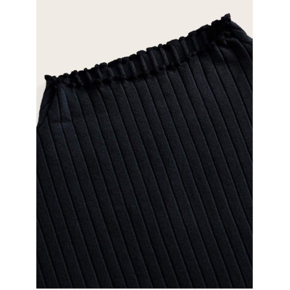 Black Rib-Knit Mock Neck Lettuce Trim Cotton Tee - Picture 3 of 4